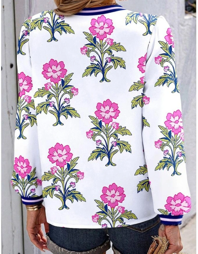 White Floral Print Striped V Neck Blouse