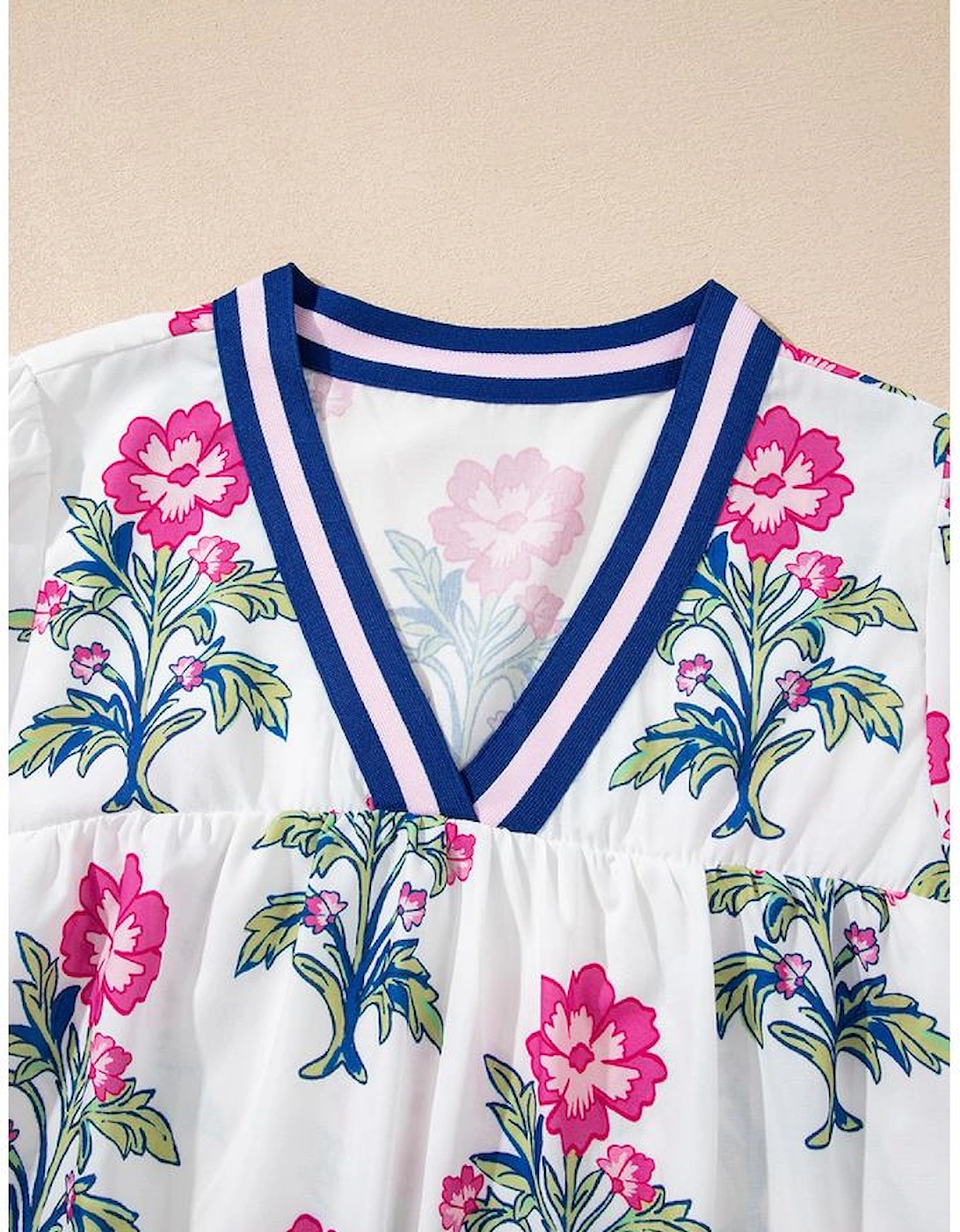 White Floral Print Striped V Neck Blouse