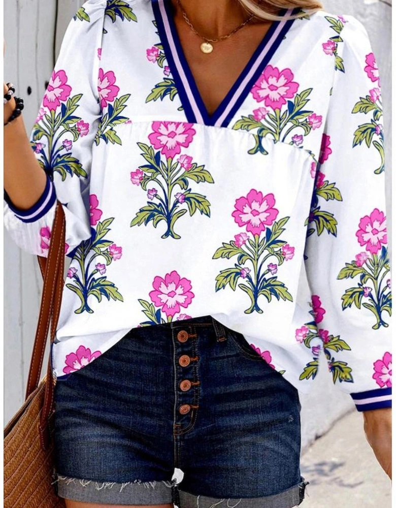 White Floral Print Striped V Neck Blouse
