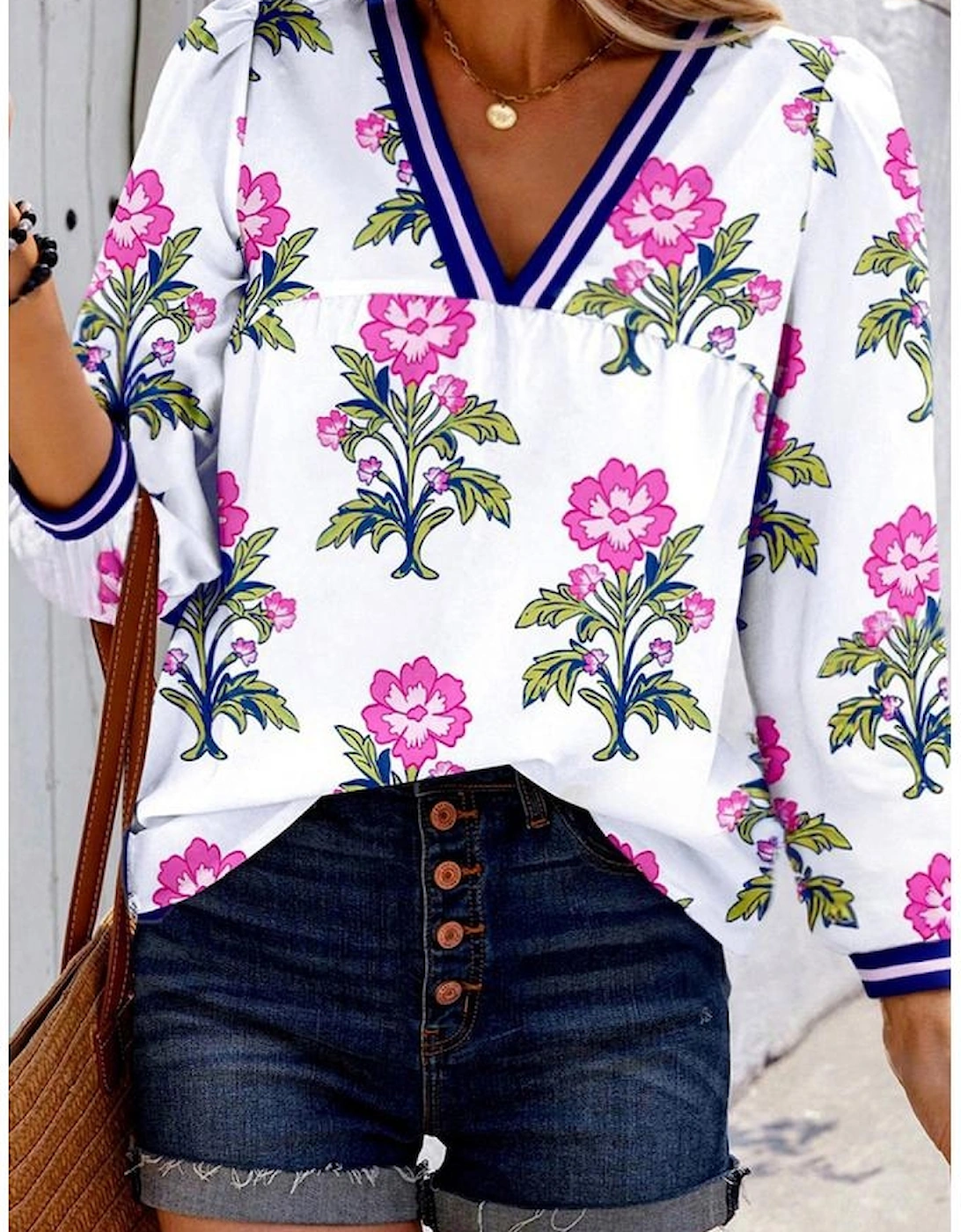 White Floral Print Striped V Neck Blouse