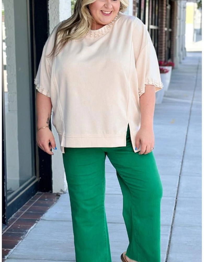 Beige Pearl Decor Crew Neck Half Sleeve Plus Size T Shirt