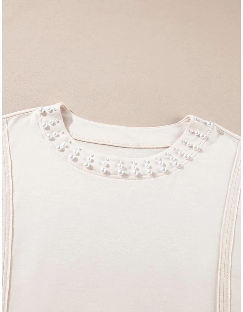 Beige Pearl Decor Crew Neck Half Sleeve Plus Size T Shirt
