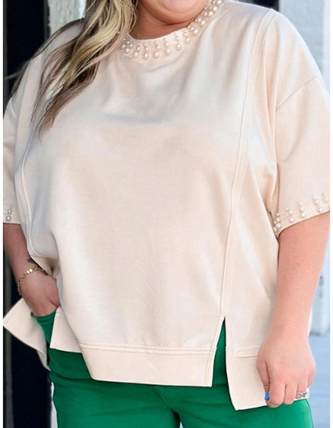 Beige Pearl Decor Crew Neck Half Sleeve Plus Size T Shirt, 12 of 11