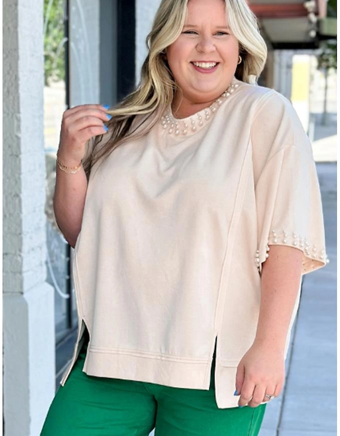 Beige Pearl Decor Crew Neck Half Sleeve Plus Size T Shirt