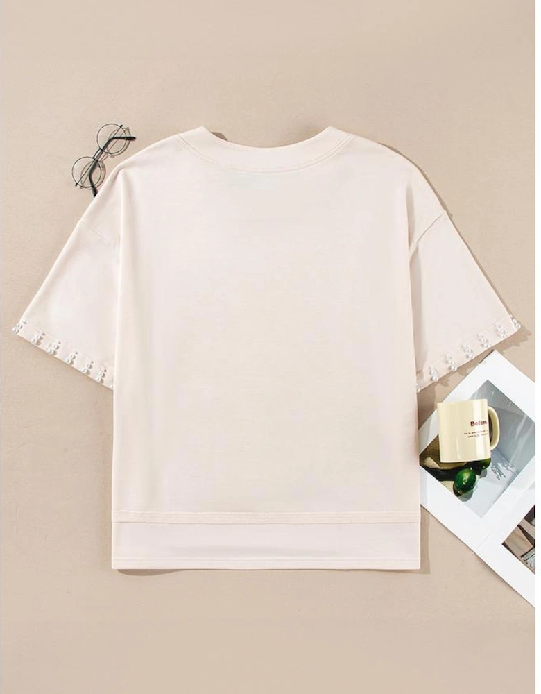 Beige Pearl Decor Crew Neck Half Sleeve Plus Size T Shirt
