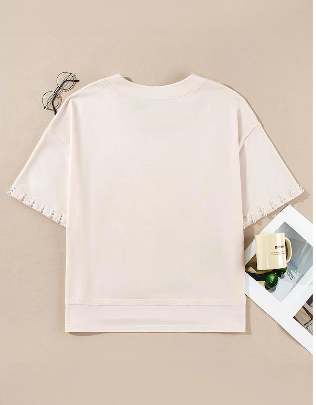 Beige Pearl Decor Crew Neck Half Sleeve Plus Size T Shirt
