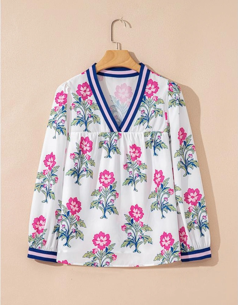 White Floral Print Striped V Neck Blouse