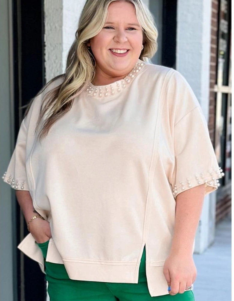 Beige Pearl Decor Crew Neck Half Sleeve Plus Size T Shirt