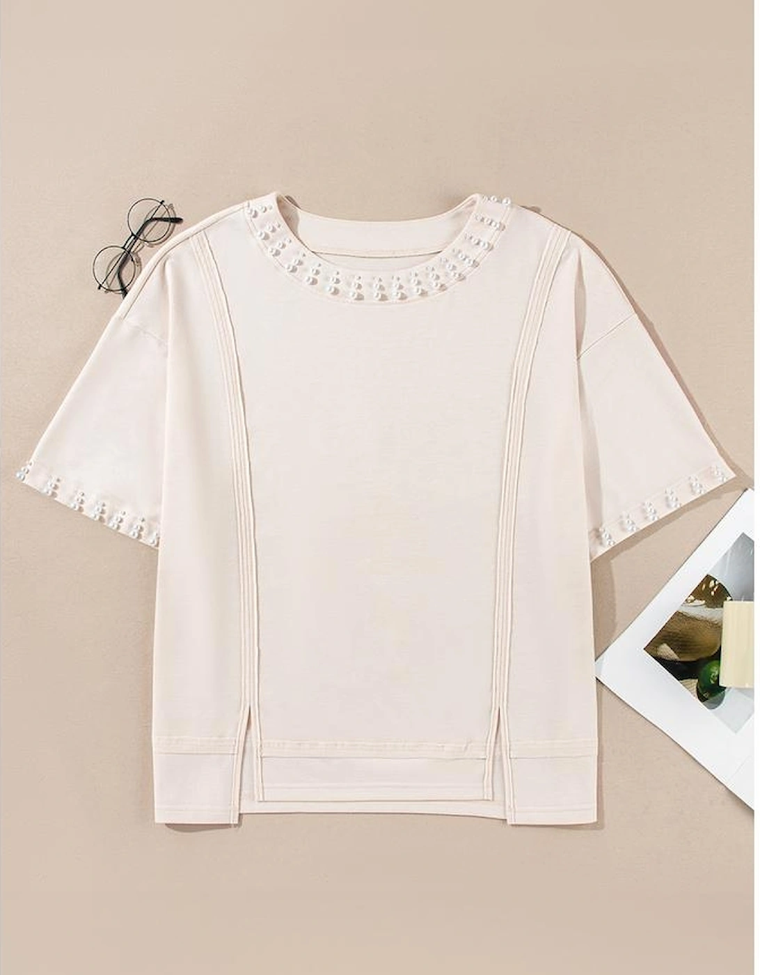 Beige Pearl Decor Crew Neck Half Sleeve Plus Size T Shirt