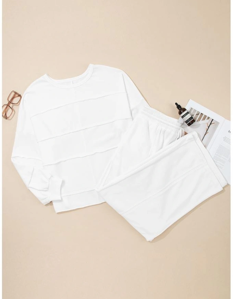 White Textured Raw Seam Plus Size Pullover Top and Drawstring Pants Set