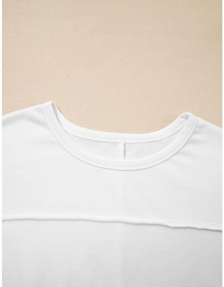 White Textured Raw Seam Plus Size Pullover Top and Drawstring Pants Set