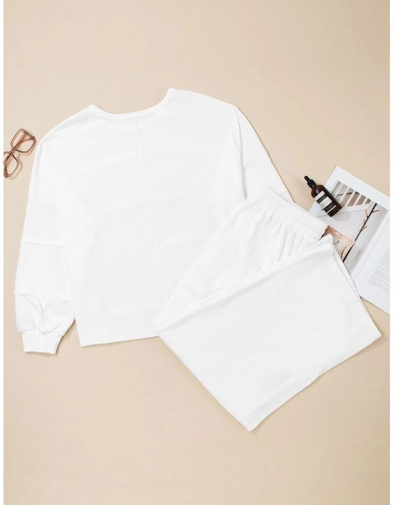 White Textured Raw Seam Plus Size Pullover Top and Drawstring Pants Set