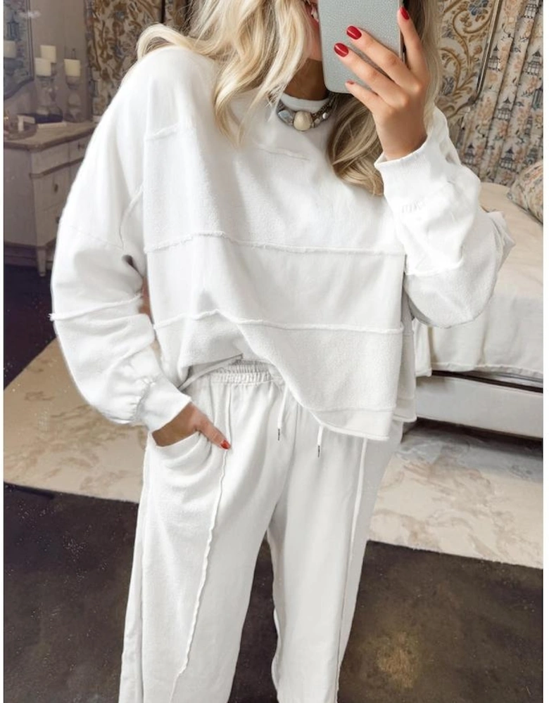 White Textured Raw Seam Plus Size Pullover Top and Drawstring Pants Set