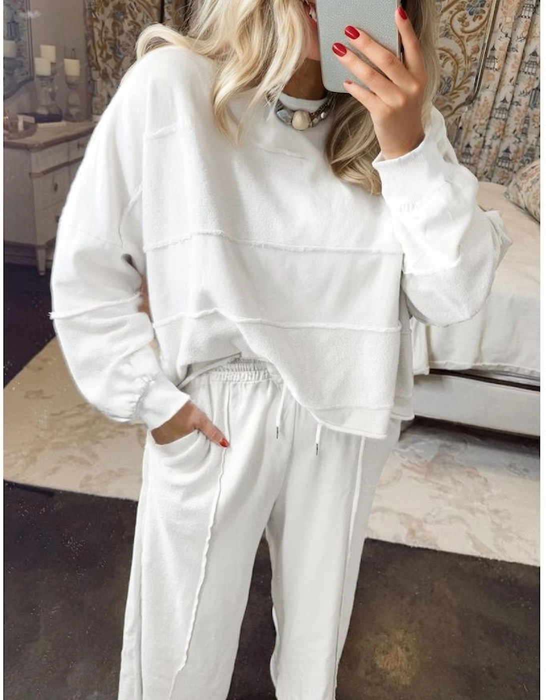 White Textured Raw Seam Plus Size Pullover Top and Drawstring Pants Set