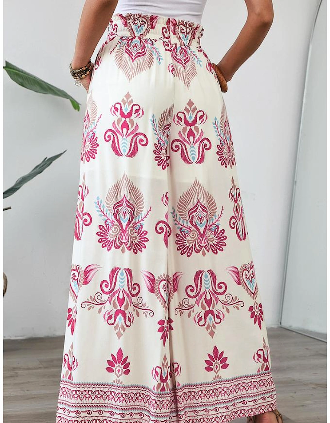 Rose Boho Printed Shirred High Waist Flowy Wide Leg Pants, 15 of 14