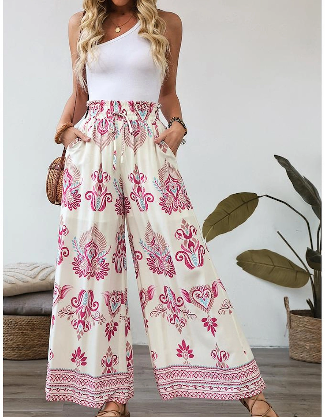 Rose Boho Printed Shirred High Waist Flowy Wide Leg Pants