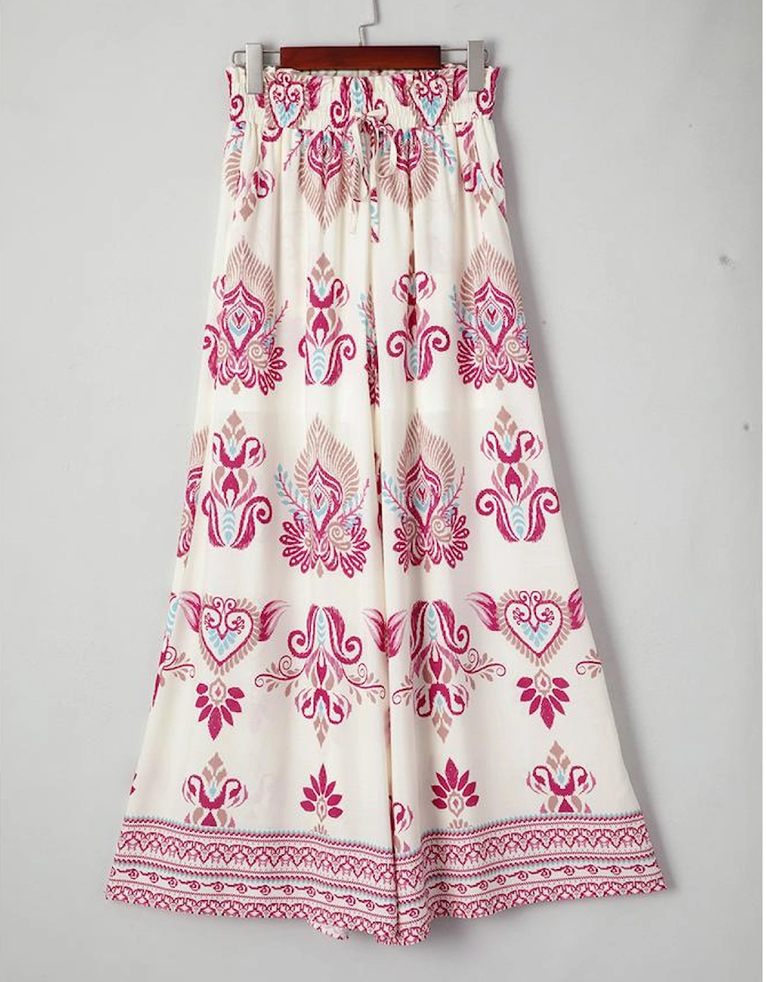 Rose Boho Printed Shirred High Waist Flowy Wide Leg Pants