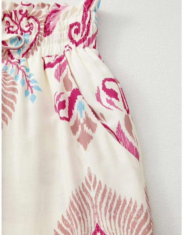 Rose Boho Printed Shirred High Waist Flowy Wide Leg Pants