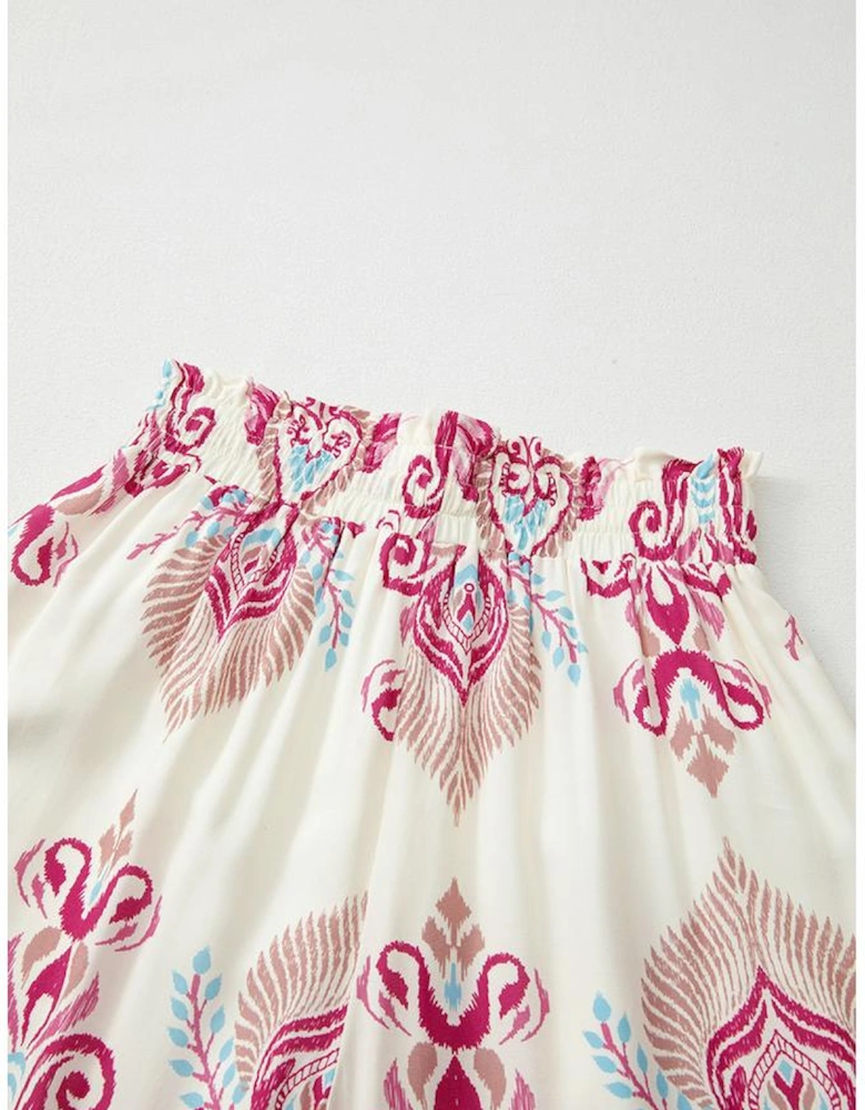 Rose Boho Printed Shirred High Waist Flowy Wide Leg Pants