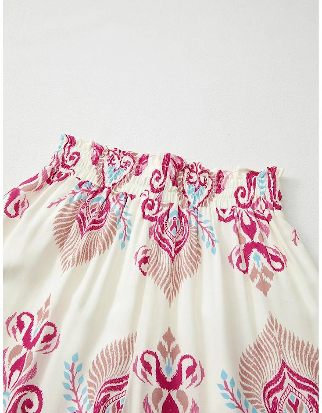 Rose Boho Printed Shirred High Waist Flowy Wide Leg Pants