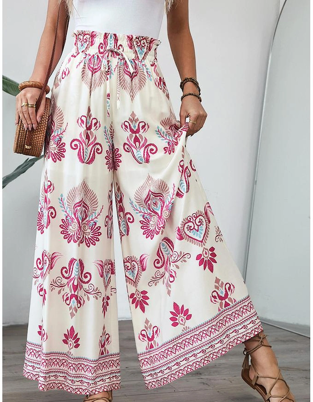 Rose Boho Printed Shirred High Waist Flowy Wide Leg Pants