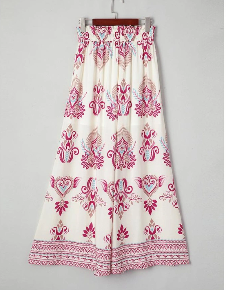 Rose Boho Printed Shirred High Waist Flowy Wide Leg Pants