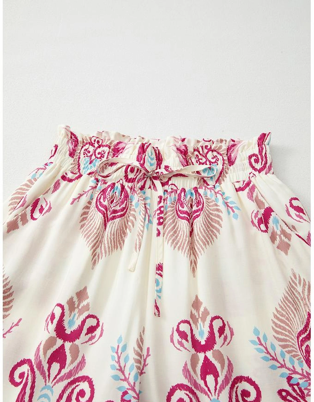 Rose Boho Printed Shirred High Waist Flowy Wide Leg Pants