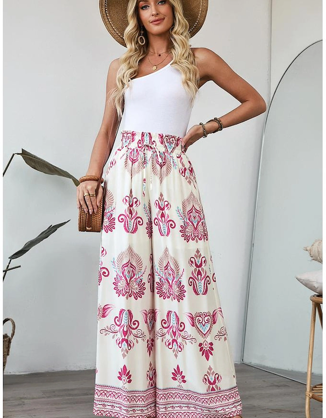 Rose Boho Printed Shirred High Waist Flowy Wide Leg Pants