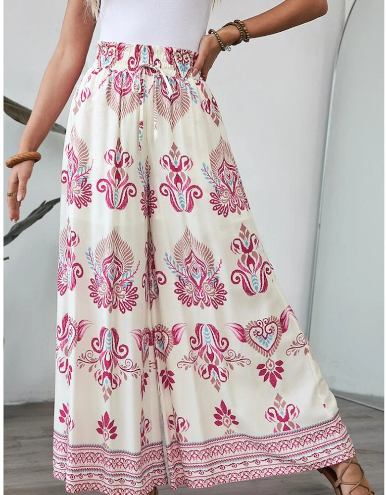 Rose Boho Printed Shirred High Waist Flowy Wide Leg Pants