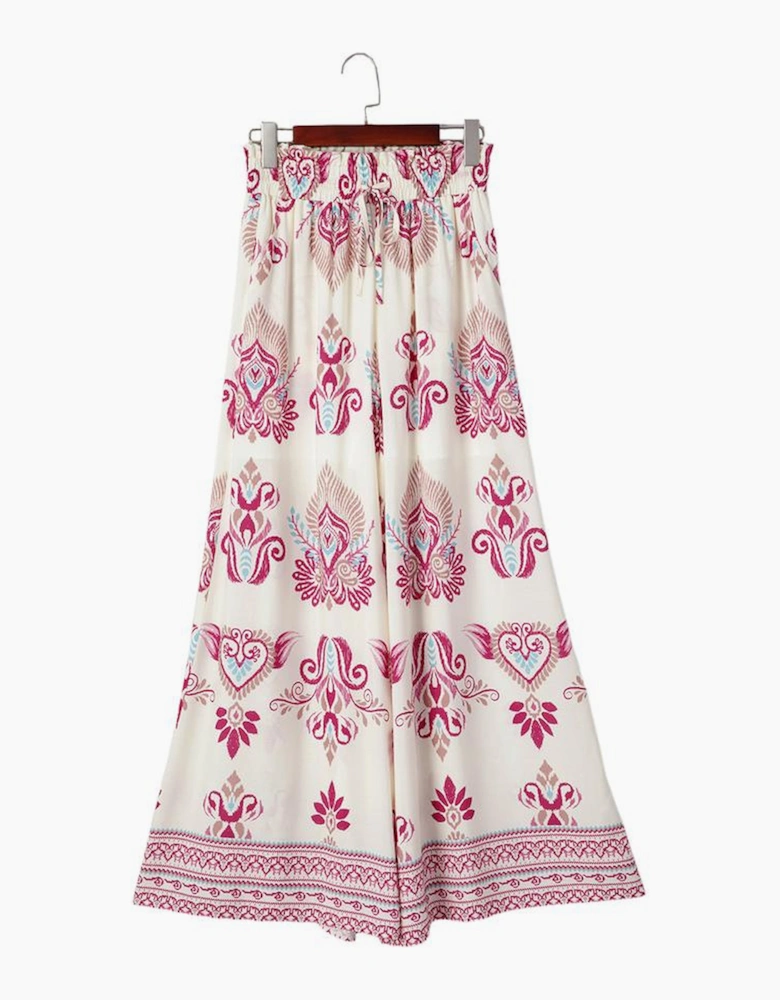Rose Boho Printed Shirred High Waist Flowy Wide Leg Pants