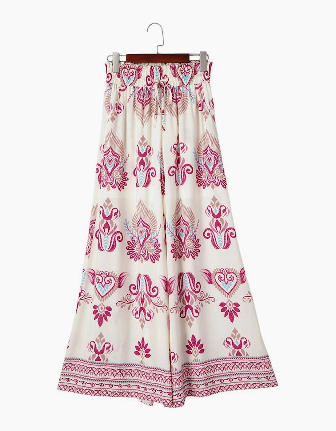 Rose Boho Printed Shirred High Waist Flowy Wide Leg Pants
