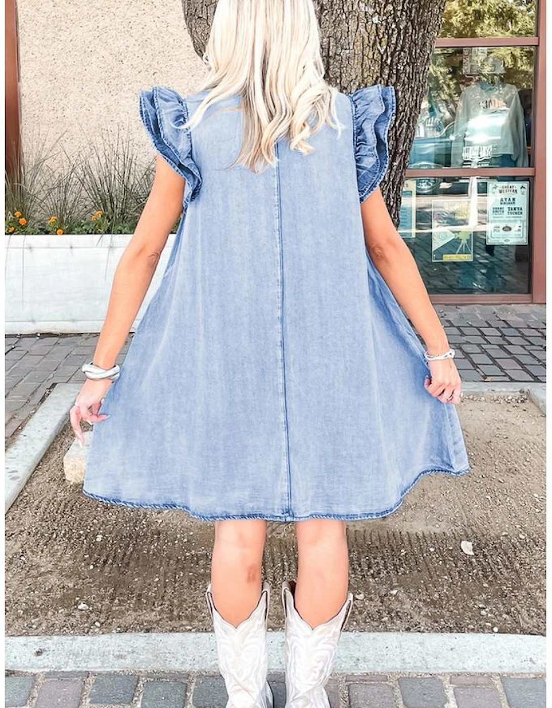 Beau Blue Double Ruffled Sleeves Buttoned A-line Collared Mini Denim Dress, 5 of 4