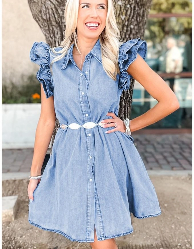 Beau Blue Double Ruffled Sleeves Buttoned A-line Collared Mini Denim Dress