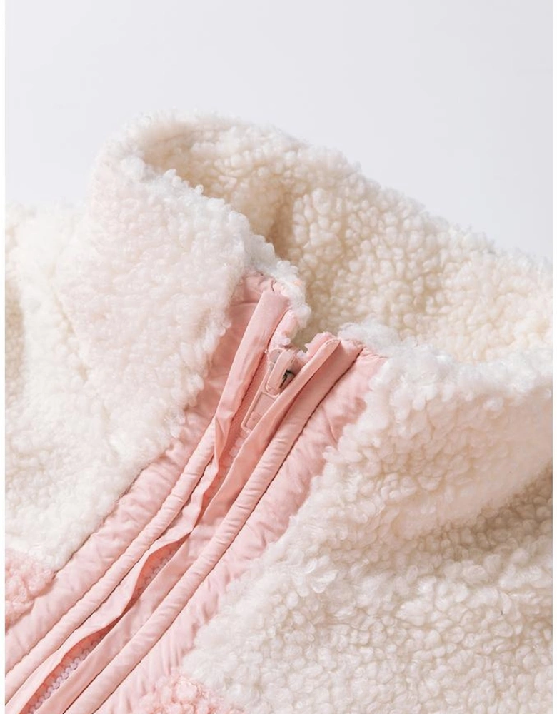 Orange Colorblock Half Zipper Stand Neck Sherpa Sweatshirt