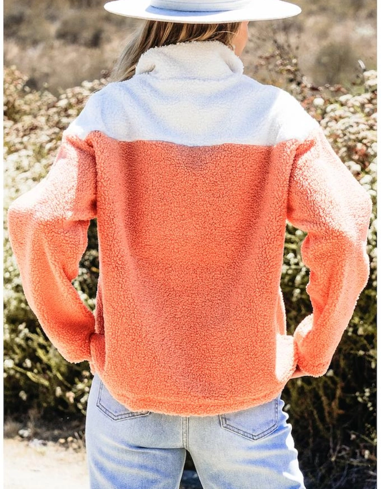Orange Colorblock Half Zipper Stand Neck Sherpa Sweatshirt