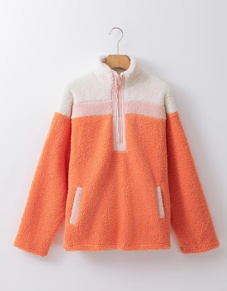 Orange Colorblock Half Zipper Stand Neck Sherpa Sweatshirt