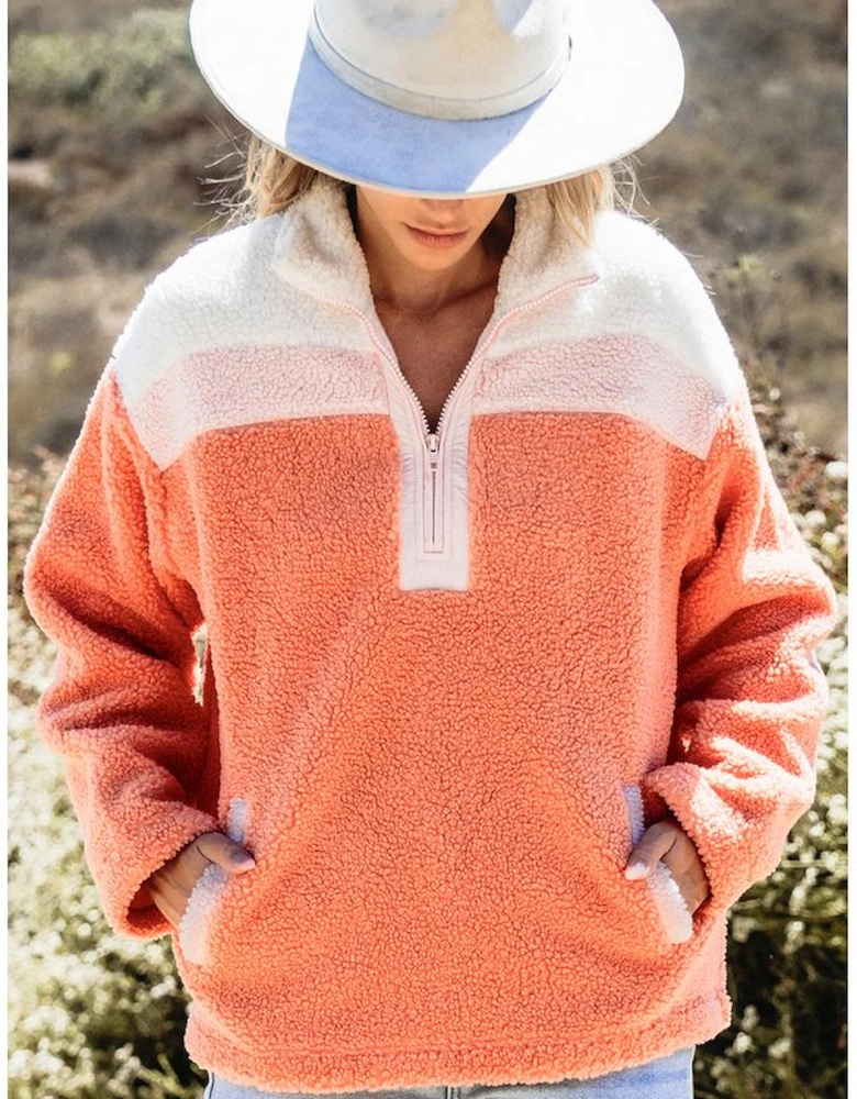 Orange Colorblock Half Zipper Stand Neck Sherpa Sweatshirt
