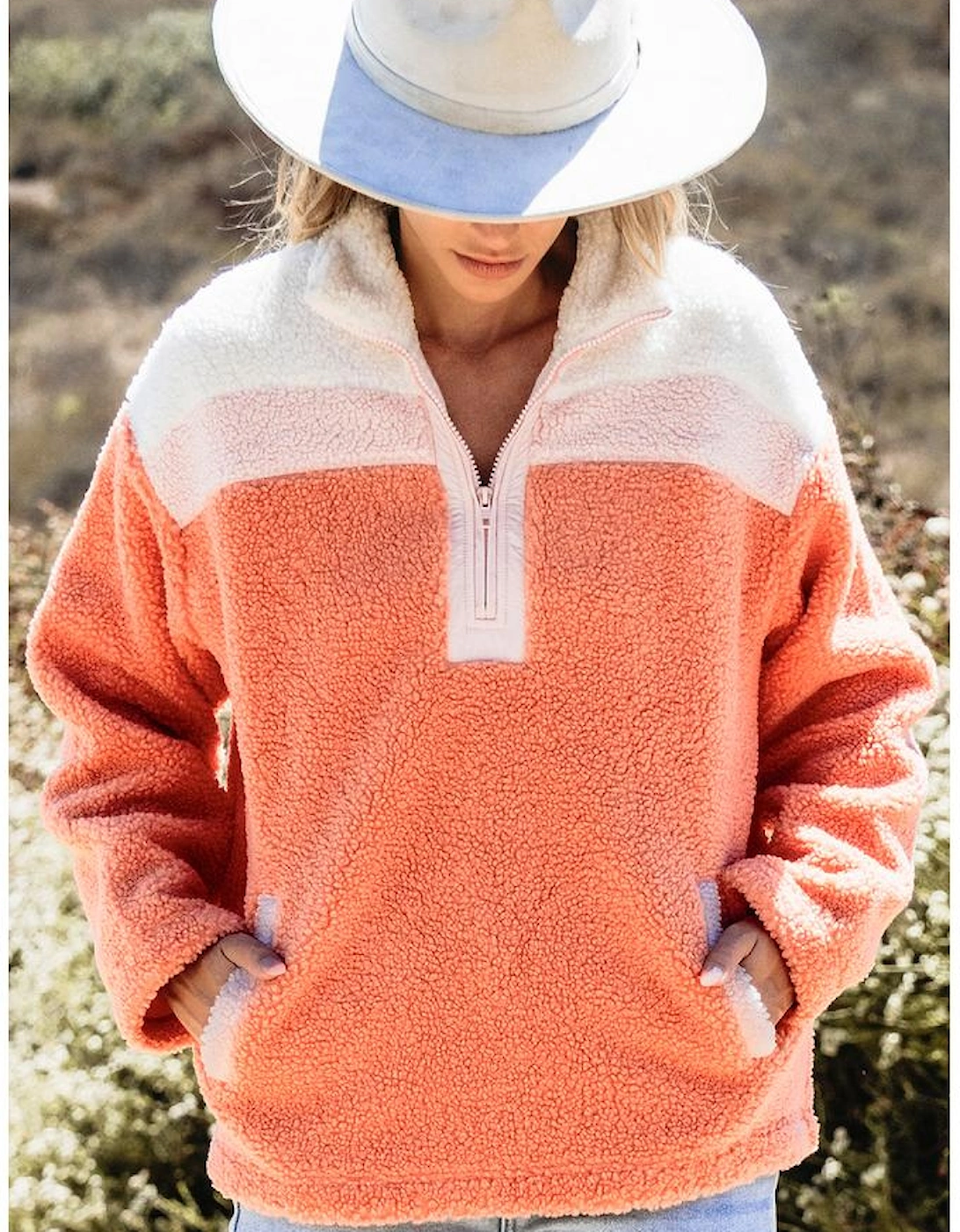 Orange Colorblock Half Zipper Stand Neck Sherpa Sweatshirt