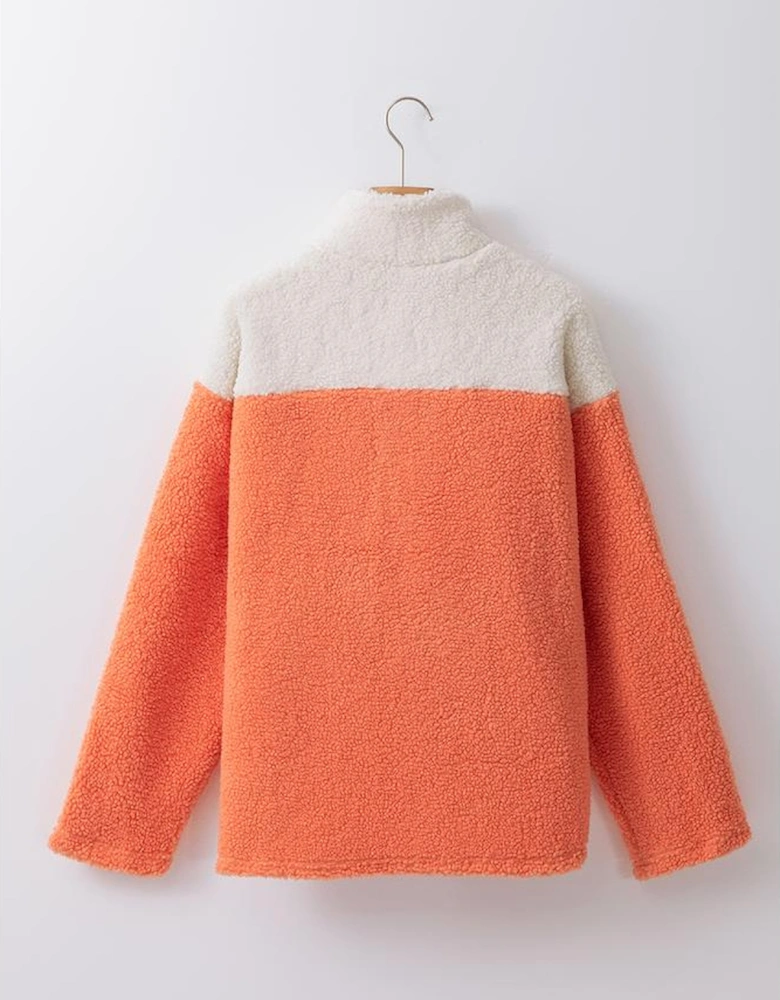 Orange Colorblock Half Zipper Stand Neck Sherpa Sweatshirt