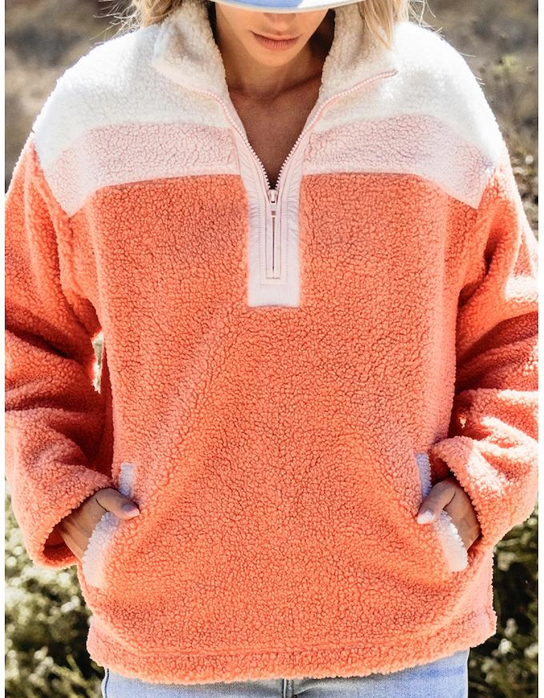 Orange Colorblock Half Zipper Stand Neck Sherpa Sweatshirt