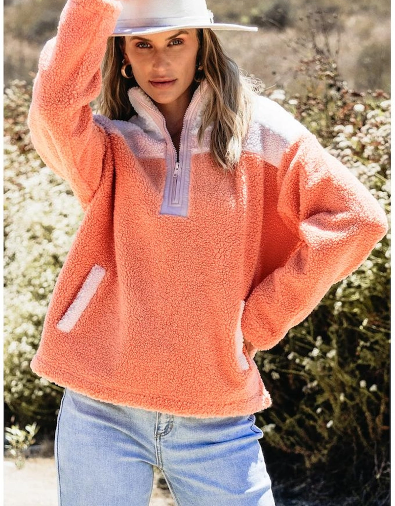 Orange Colorblock Half Zipper Stand Neck Sherpa Sweatshirt