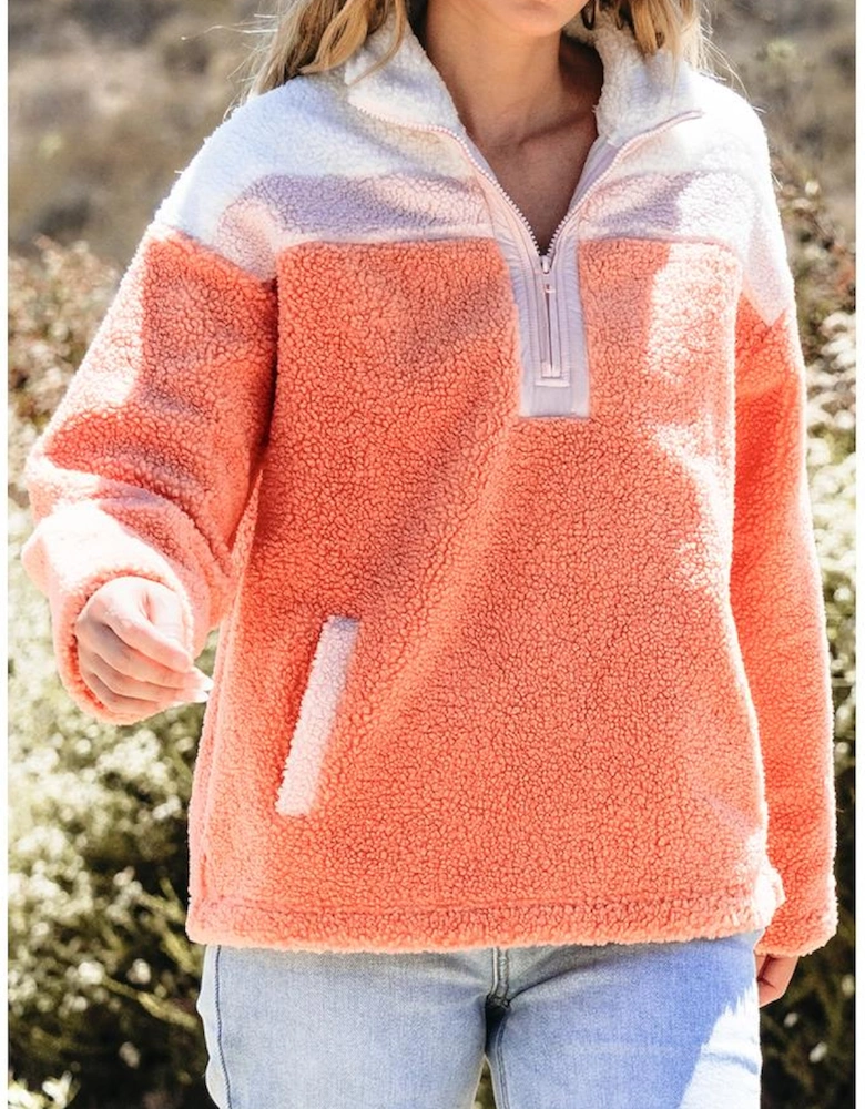 Orange Colorblock Half Zipper Stand Neck Sherpa Sweatshirt