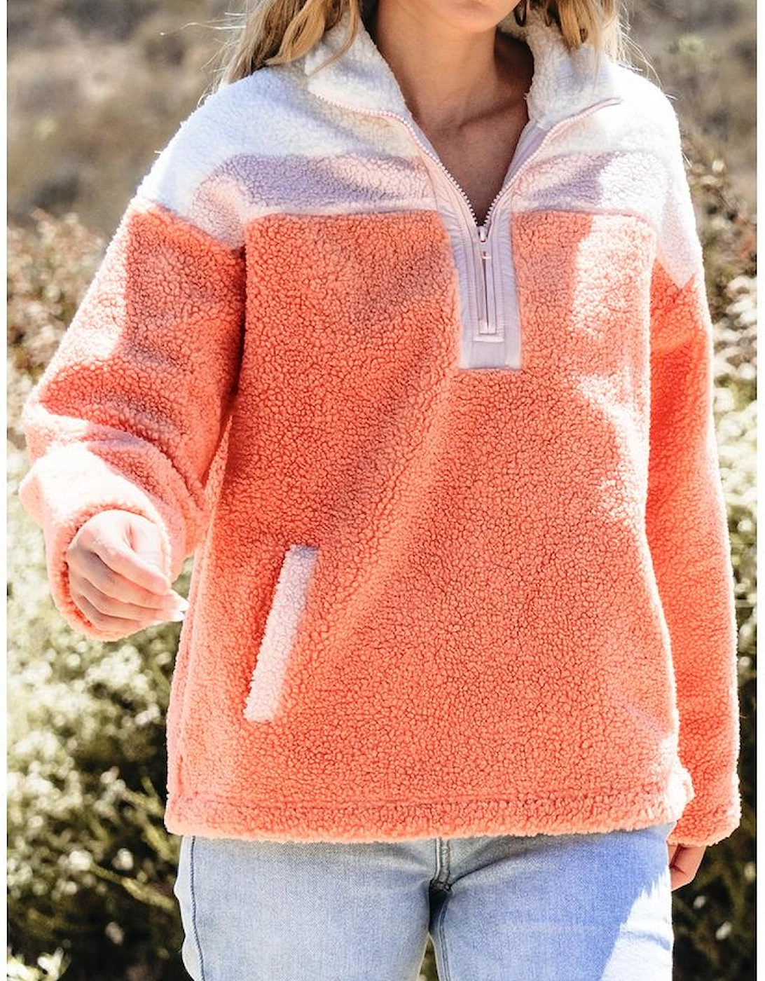 Orange Colorblock Half Zipper Stand Neck Sherpa Sweatshirt