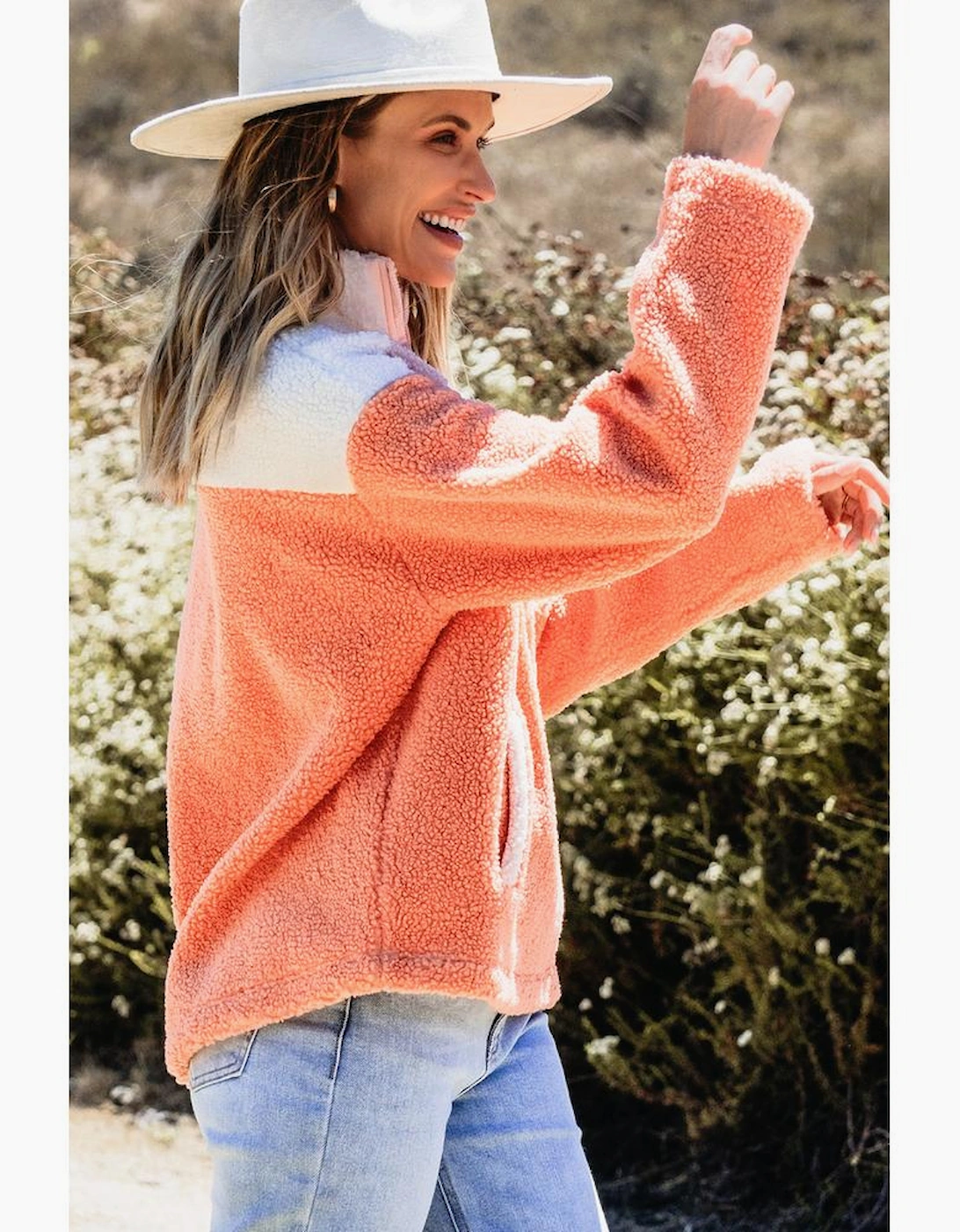 Orange Colorblock Half Zipper Stand Neck Sherpa Sweatshirt