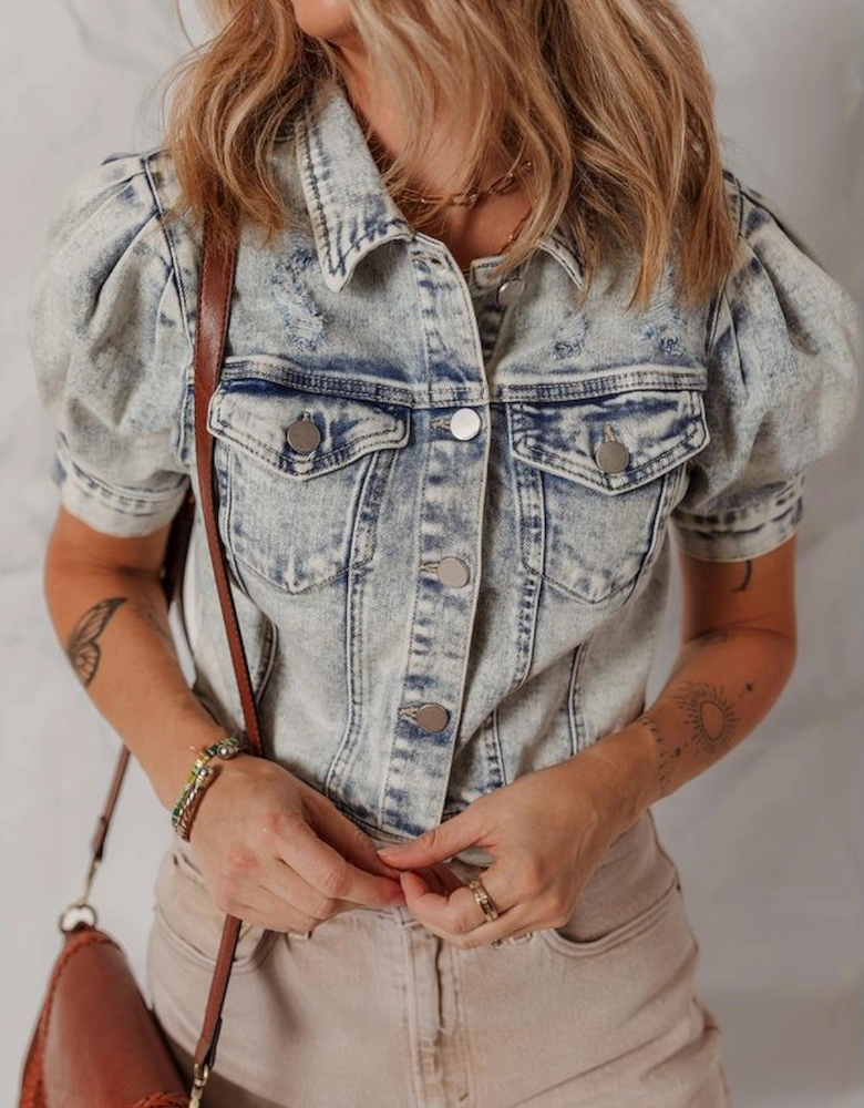 Beau Blue Light Wash Buttoned Chest Pocket Puff Sleeve Denim Jacket