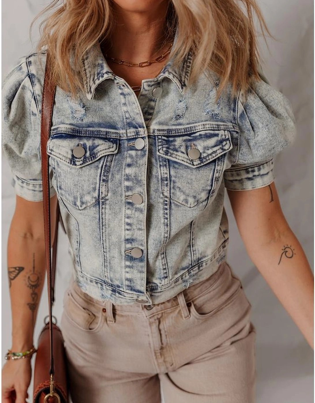 Beau Blue Light Wash Buttoned Chest Pocket Puff Sleeve Denim Jacket