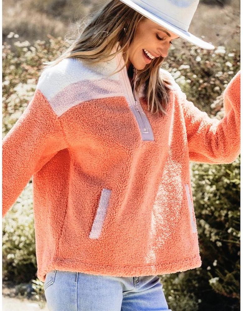 Orange Colorblock Half Zipper Stand Neck Sherpa Sweatshirt