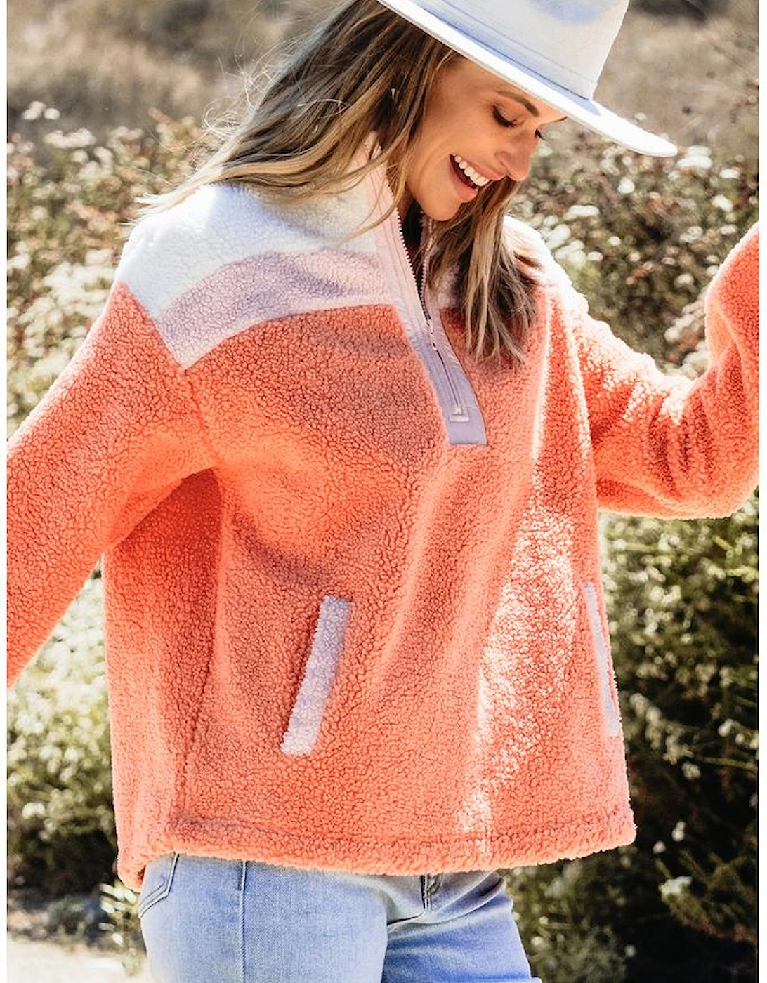 Orange Colorblock Half Zipper Stand Neck Sherpa Sweatshirt