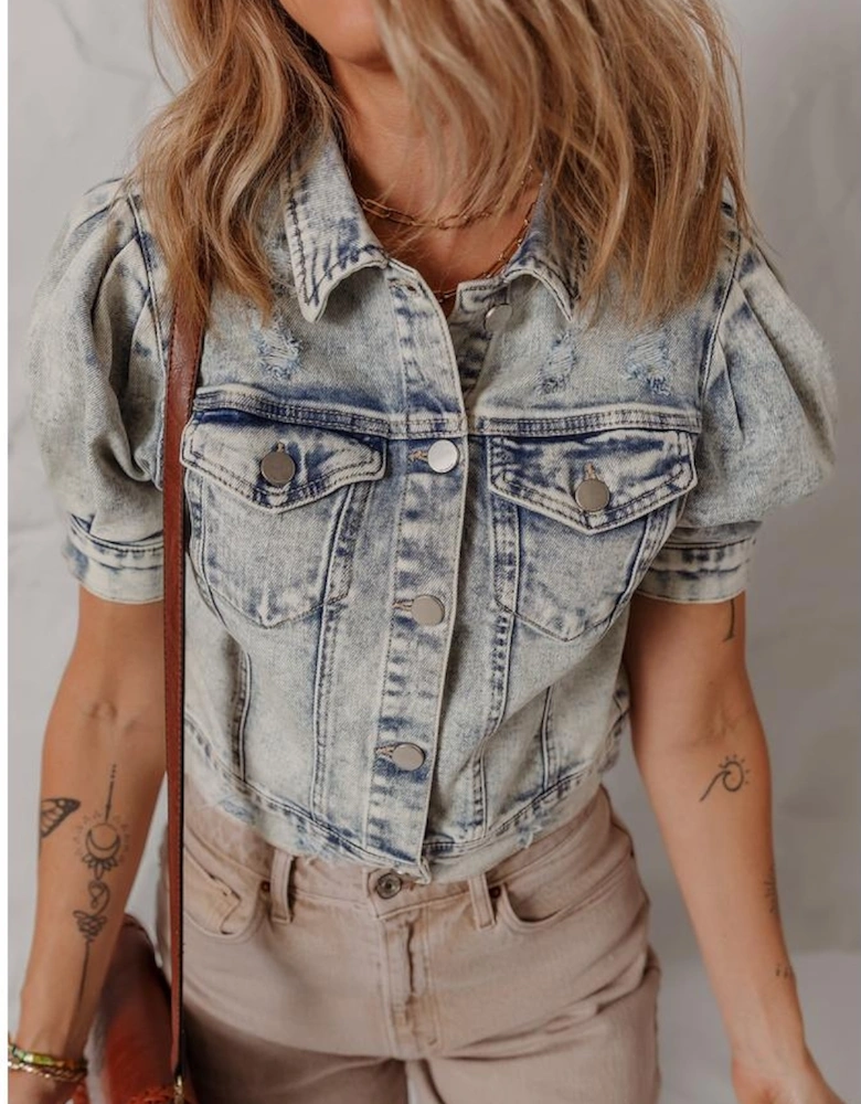 Beau Blue Light Wash Buttoned Chest Pocket Puff Sleeve Denim Jacket