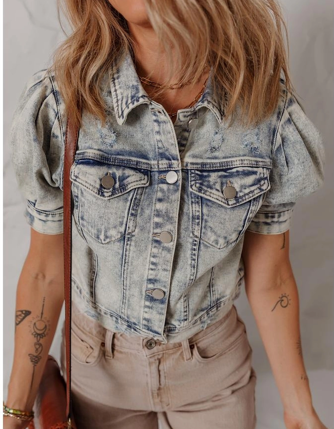 Beau Blue Light Wash Buttoned Chest Pocket Puff Sleeve Denim Jacket